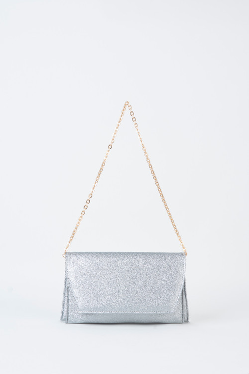 Kadın Gümüş Simli Zarf Tasarım 2 Bölmeli Mini Zincir Askılı Çıt Çıt Kapama Clutch Ve El Çantası