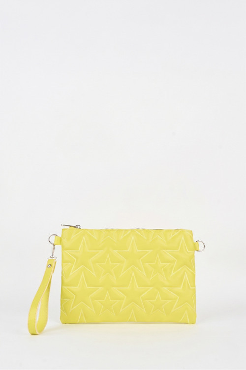 Kadın Neon Sarı Yıldız Nakışlı Suni Deri Bilek Ve Zincir Askılı Portföy El Ve Clutch Çanta
