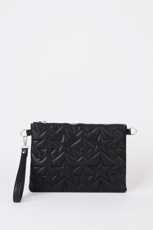 Kadın Siyah Yıldız Nakışlı Suni Deri Bilek Ve Zincir Askılı Portföy El Ve Clutch Çanta