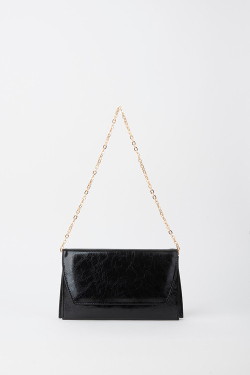 Kadın Siyah Zarf Tasarım 2 Bölmeli Mini Zincir Askılı Çıt Çıt Kapama Clutch Ve El Çantası