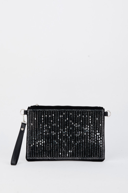 Kadın Dikey Gümüş Taşlı Süet Bilek Askılı Ve Zincir Askılı Portföy El Ve Clutch Çanta