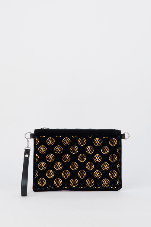 Kadın Puantiyeli Altın Taşlı Süet Bilek Askılı Ve Zincir Askılı Portföy El Ve Clutch Çanta