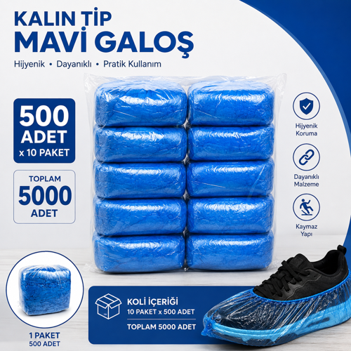 Galoş Mavi 10'lu Koli - 5000 ADET - Çift Lastikli - 10 MİKRON - KALIN TİP
