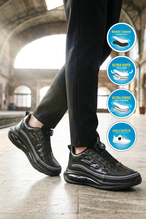 Siyah Akıllı Bağcıklı Rahat Kalın Hafızalı Tabanlı Erkek Casual Sneaker Ayakkabı 2250