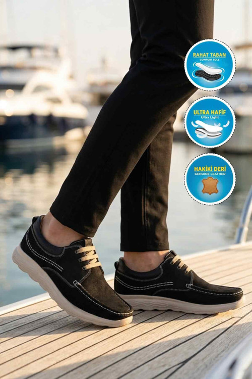 Siyah Nubuk Hakiki Deri Rahat Comfort Taban Erkek Casual Marin Ayakkabı 2407