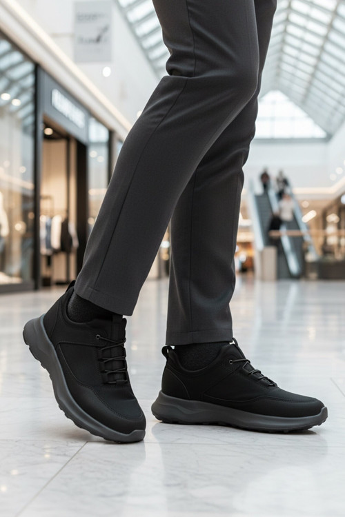 Siyah Lastik Bağcıklı Kalın Rahat Tabanlı Erkek Casual Ayakkabı Sneaker 460
