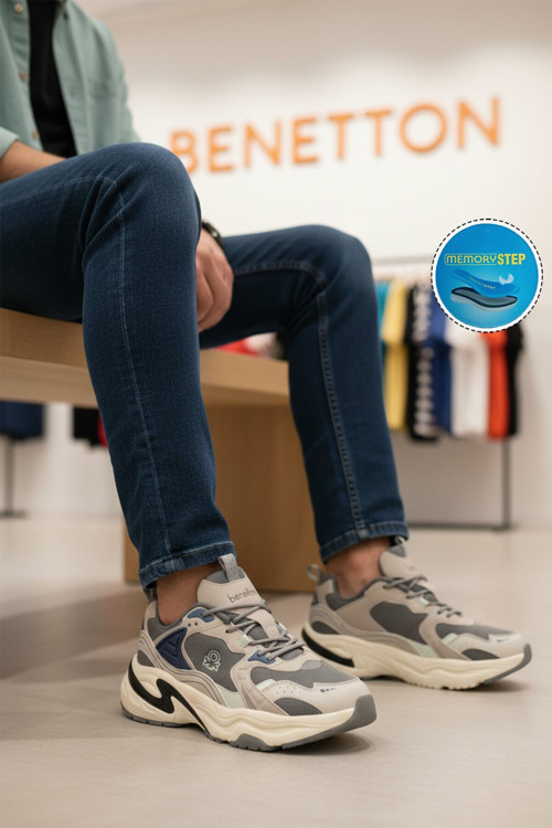 Gri Fileli Hafif Rahat Kalın Tabanlı Erkek Spor Ayakkabı Sneaker BNI-12089