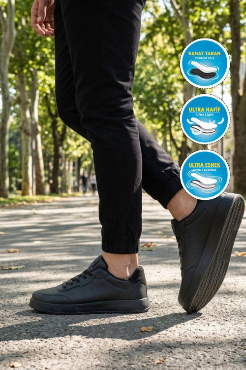 Siyah Büyük Numara Bağcıklı Erkek Yürüyüş ve Spor Ayakkabı Sneaker 158