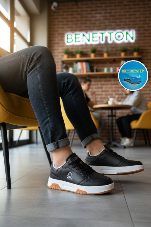 Siyah-Beyaz Bağcıklı Kalın Rahat Tabanlı Erkek Yürüyüş ve Spor Ayakkabı Sneaker BNI-11219