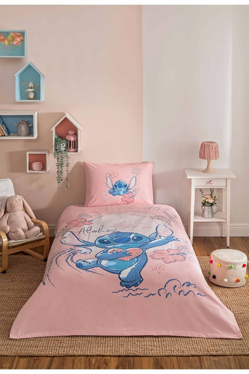 Lisanslı Lastikli Çarşaflı Tek Kişilik Çocuk Pike Takımı-Stitch Aloha Pembe