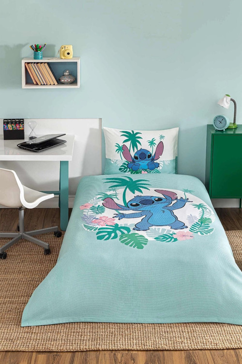 Lisanslı Lastikli Çarşaflı Tek Kişilik Çocuk Pike Takımı-Stitch Summer Mint