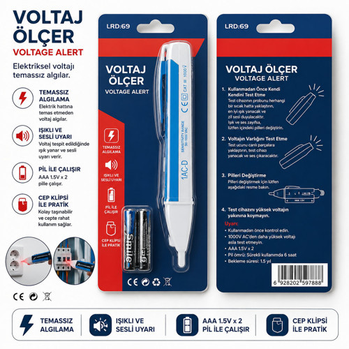 Temassız Voltaj Ölçer Kalemi 90-1000V Ac – Led Işıklı Sesli Elektrik Test