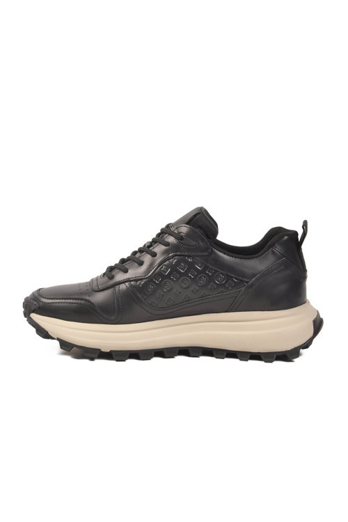 Siyah-Beyaz Hakiki Deri Bağcıklı Kalın Tabanlı Erkek Casual Sneaker Ayakkabı 152-20180