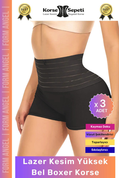#Korse Vücut Toparlayıcı Şekillendirici Kaymaz Doku Lazer Kesim Yüksek Bel Boxer Korse - 3 Adet