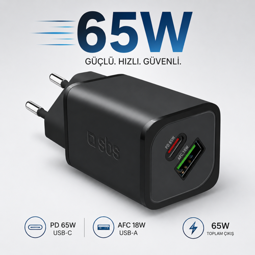 65w Gan Hızlı Şarj Adaptörü Usb-c Pd 65w + Usb-a Afc 18w Laptop, Tablet Ve Telefon Uyumlu Avrupa Tipi Fiş