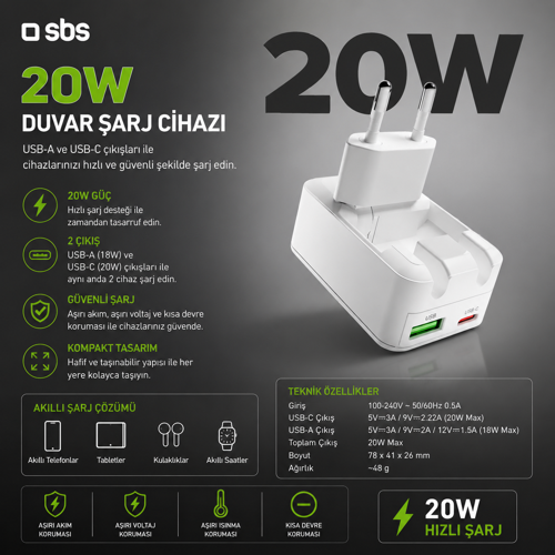 Flexi 20w Gan Katlanabilir Hızlı Şarj Adaptörü Usb-c Pd 20w + Usb-a Afc 18w Çift Çıkış Beyaz