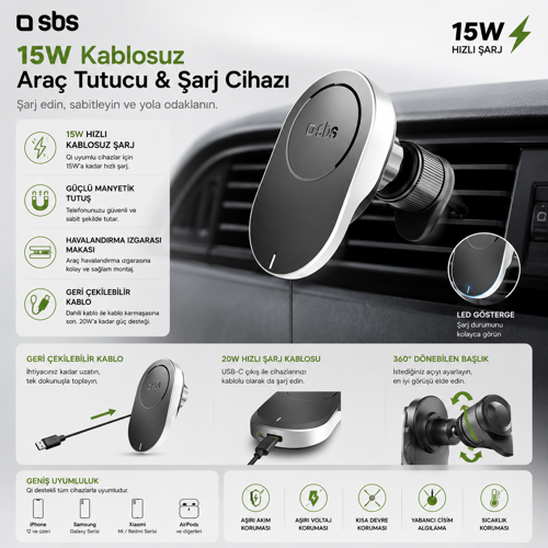 15w Magsafe Araç İçi Kablosuz Şarjlı Telefon Tutucu Geri Çekilebilir Usb-c Kablo Havalandırma Izgarası İphone & Android Uyumlu Beyaz