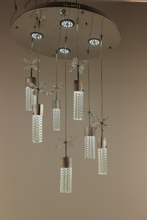 Lüks Gümüş Çemberli Seri 7li 4 Modlu Kristal Kelebekli Petek Silindir Modern Led Avize