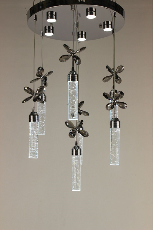 Lüks Gümüş Çemberli Seri 7li Kelebekli İnce Jöle Kristal Modern 3 Renk Ledli Sarkıt Avize