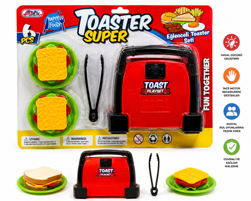 Oyuncak Ekmek Kızartma Makinesi Seti – Toaster Oyun Seti | 6 Parça Mutfak Oyuncağı