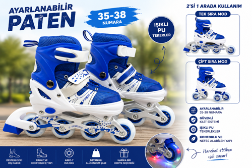 Ayarlanabilir Çocuk Pateni 35-38 Numara – 2’si 1 Arada Inline & Çift Teker Modu | Işıklı Pu Tekerlek | Mavi