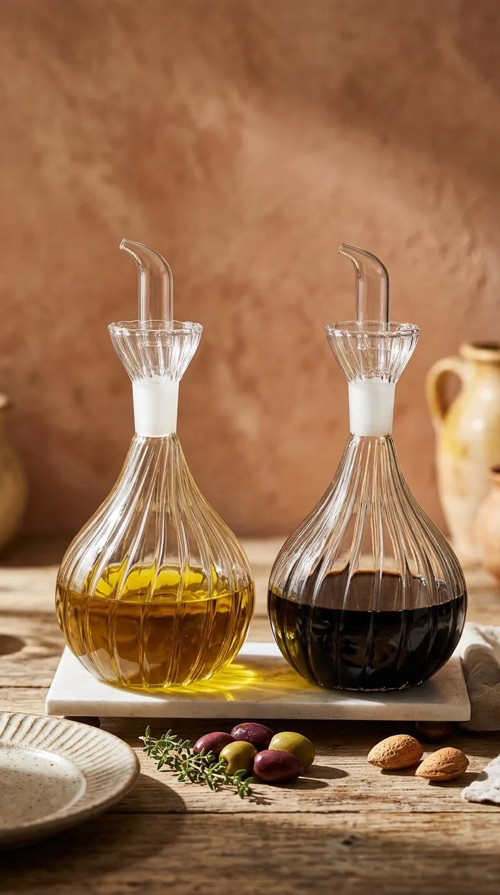 2 Adet 900 ml Borosilikat Tombul Çizgili Cam Yağdanlık ve Mermer Stantlı – Yağlık Sirkelik Seti