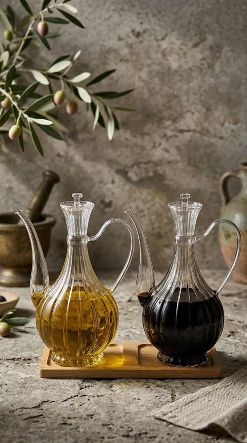 2li Cam Yağdanlık 750ml+750 Ml Glory Çizgili Bambu Stantlı Borosilikat Sirkelik – El Üretimi Yağ, S