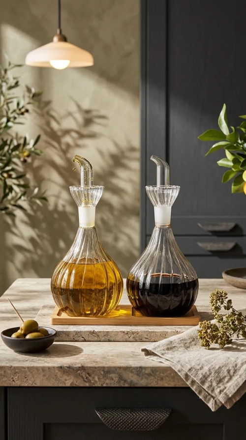 2 Adet 900 ml Borosilikat Tombul Çizgili Cam Yağdanlık ve Bambu Stant– Yağlık Sirkelik Seti