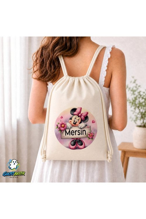 Kişiye Özel Minnie Mouse Büzgülü Keten Çanta C157