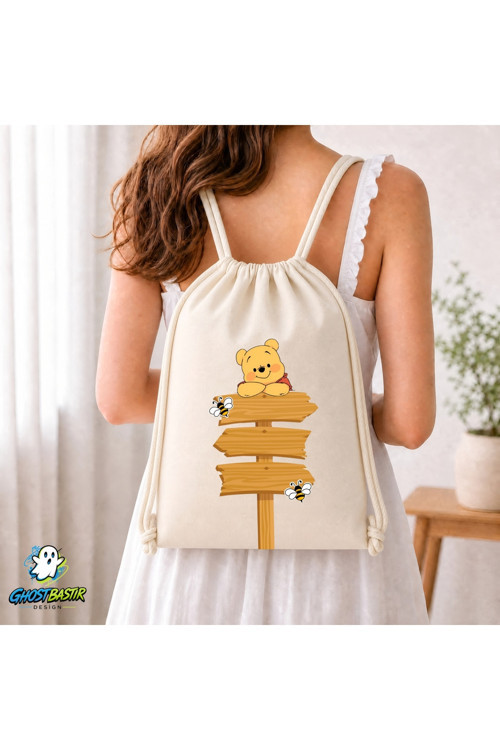 Kişiye Özel Winnie The Pooh Büzgülü Keten Çanta C162