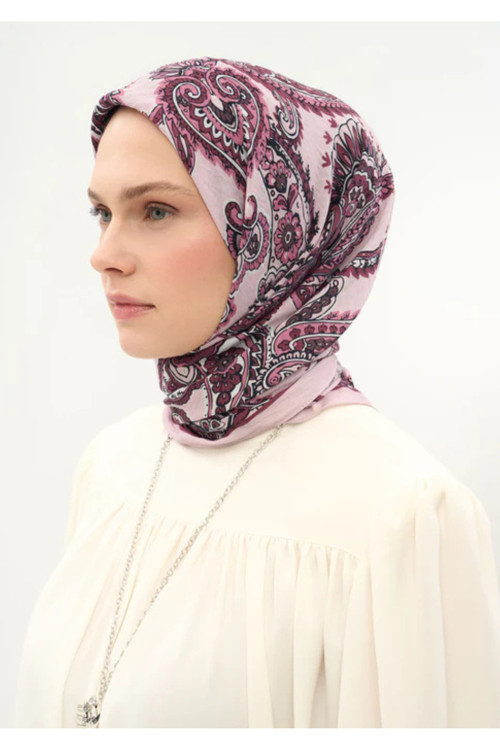 Viskon Velora Eşarp Dört Mevsim Etro Desen Toz Pembe 90X90