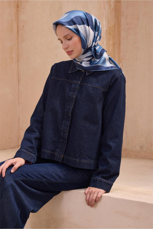 Lacivert Mavi Gri Soyut Desen %100 Twill İpek Eşarp 4108 - 91