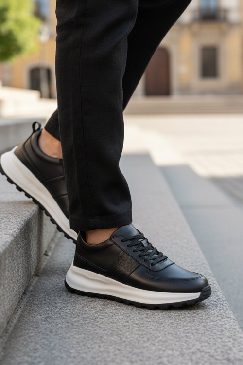 Siyah-Beyaz Bağcıklı Kalın Rahat Tabanlı Erkek Casual Ayakkabı Sneaker 488