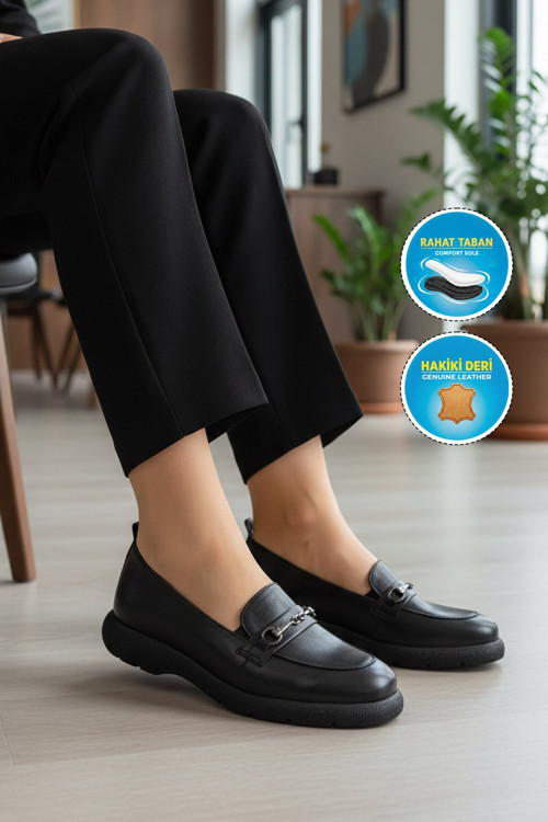 Siyah Hakiki Deri Tokalı Kadın Casual Ayakkabı Loafer 44332