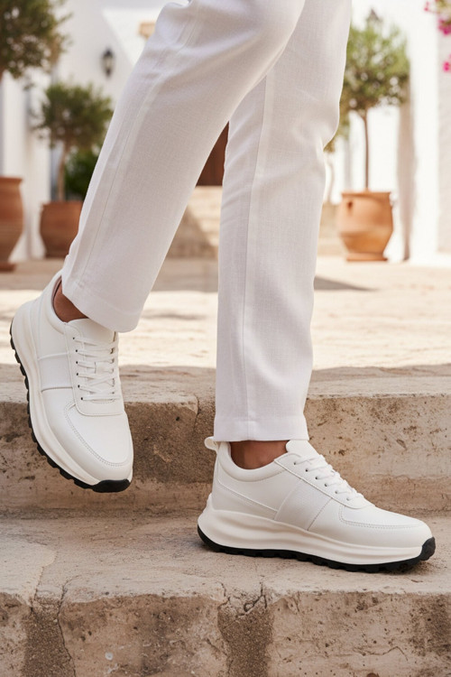 Beyaz Bağcıklı Kalın Rahat Tabanlı Erkek Casual Ayakkabı Sneaker 488