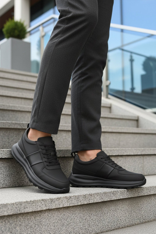 Siyah-Siyah Bağcıklı Kalın Rahat Tabanlı Erkek Casual Ayakkabı Sneaker 488