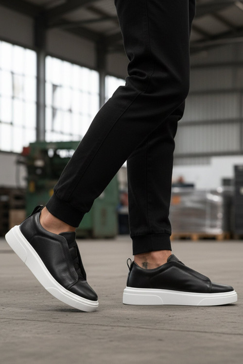 Siyah Karayel Lastikli Kalın Rahat Tabanlı Erkek Casual Ayakkabı Sneaker Cntyr 595