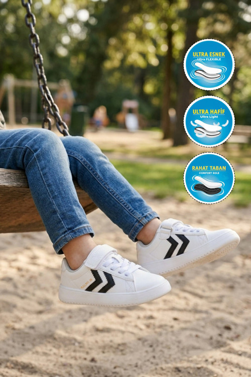 Beyaz-Siyah Cırtlı Bağcıklı Kalın Taban Unisex Çocuk Spor Ayakkabı Sneaker 900869 Hml Malmo Jr