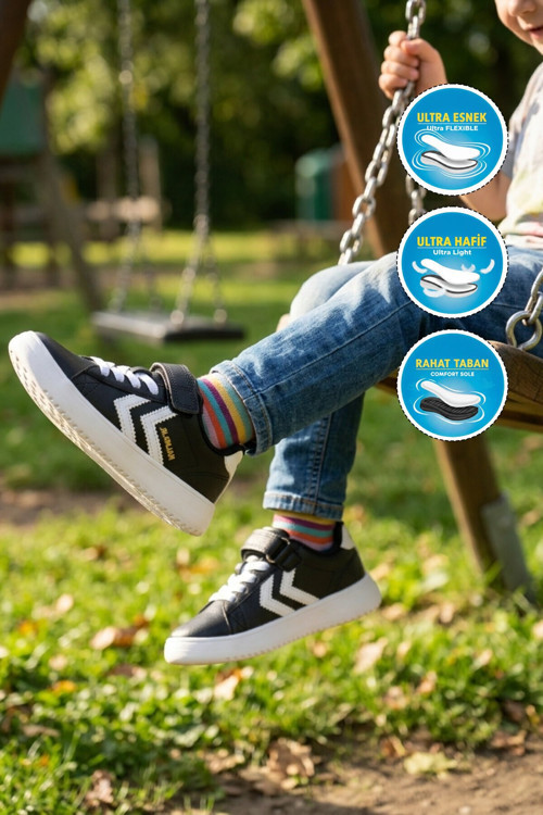 Siyah Cırtlı Bağcıklı Kalın Taban Unisex Çocuk Spor Ayakkabı Sneaker 900869 Hml Malmo Jr