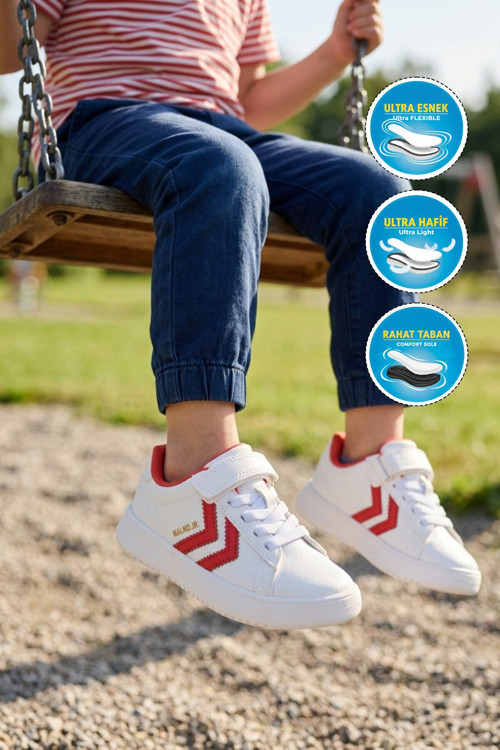 Beyaz-Kırmızı Cırtlı Bağcıklı Kalın Taban Unisex Çocuk Spor Ayakkabı Sneaker 900869 Hml Malmo Jr