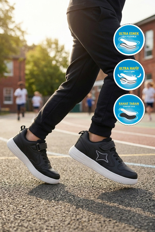 Siyah Cırtlı Bağcıklı Erkek Çocuk Spor Ayakkabı Sneaker Eldon