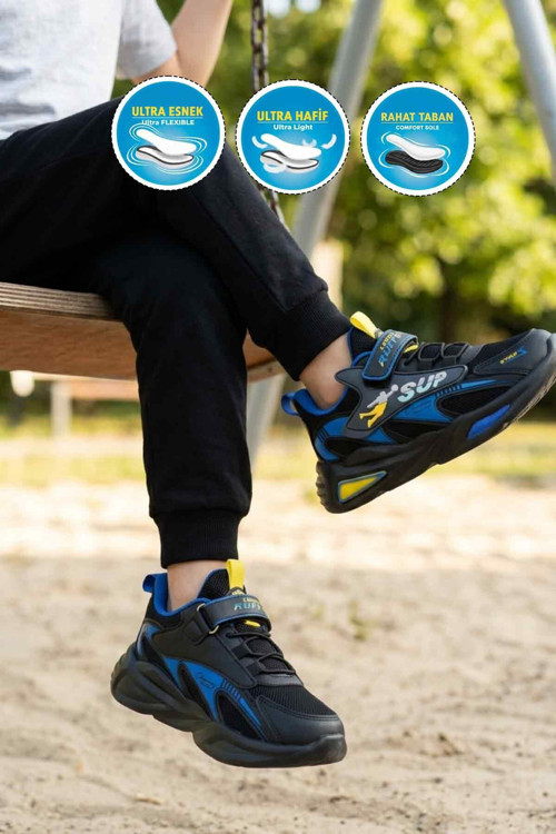 Siyah-Sarı-Saks Cırtlı Fileli Rahat Erkek Çocuk Spor Ayakkabı Sneaker 2470