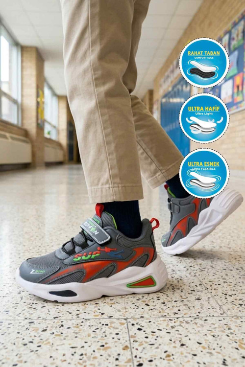 Füme-Kırmızı Cırtlı Fileli Rahat Erkek Çocuk Spor Ayakkabı Sneaker 2470