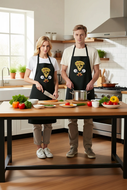 Erkek Unisex Aşçı Önlüğü Eritilmiş Pizza İskelet Baskılı Mutfak Giyimi Rahat Kesim Günlük Modern