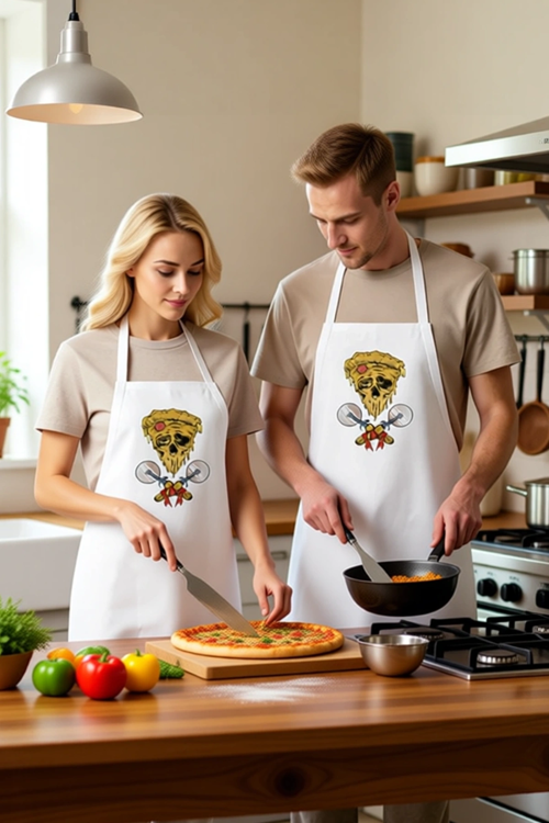 Erkek Unisex Aşçı Önlüğü Eritilmiş Pizza İskelet Baskılı Mutfak Giyimi Rahat Kesim Günlük Modern