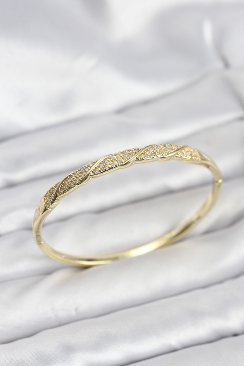 Markasız Ucuz Pirinç Gold Renk Zirkon Taşlı Model Kadın Kelepçe Bileklik 5886