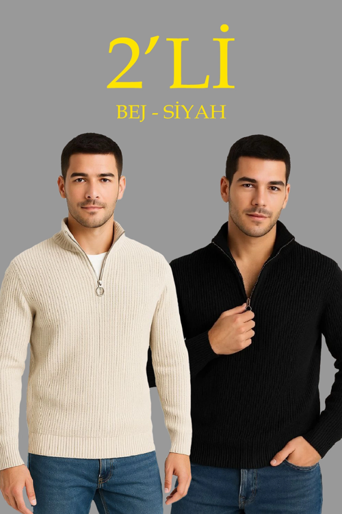 Erkek Fitilli Triko Kazak 2’li Set Siyah Bej Kalın Dokuma Pamuklu Regular Fit V Yaka