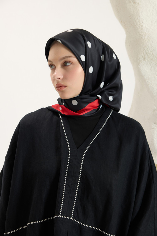 Desenli Twill Eşarp Puantiye Siyah