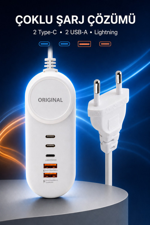 15W Çoklu Şarj Adaptörü 2 Type-C 2 USB-A Çıkışlı PD Lightning Destekli 4 Portlu Aşırı ısınma, kısa devre ve yüksek akım koruması