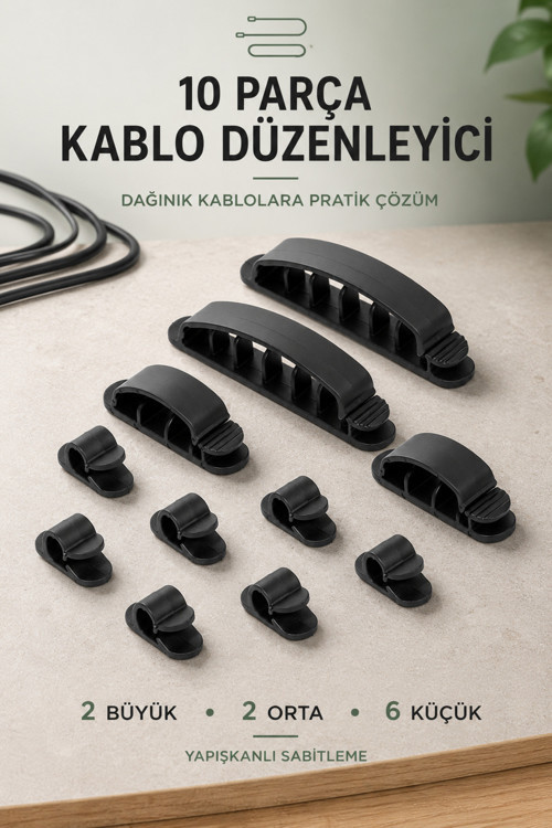 10 Parça Yapışkanlı Kablo Toplayıcı Düzenleyici Klips Masa TV Bilgisayar Şarj Kablosu Tutucu Masaüstü